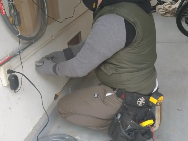 Electrician performing outlet wiring in a Shallotte garage
